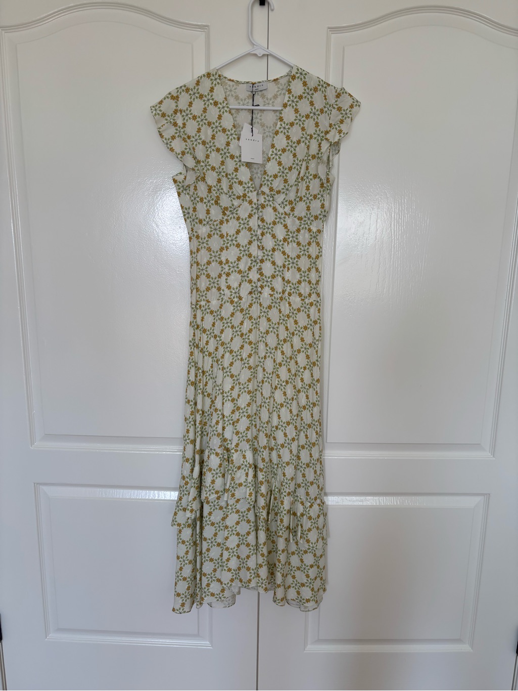 Sandro Pale Green Midi Dress With Yellow Floral Print